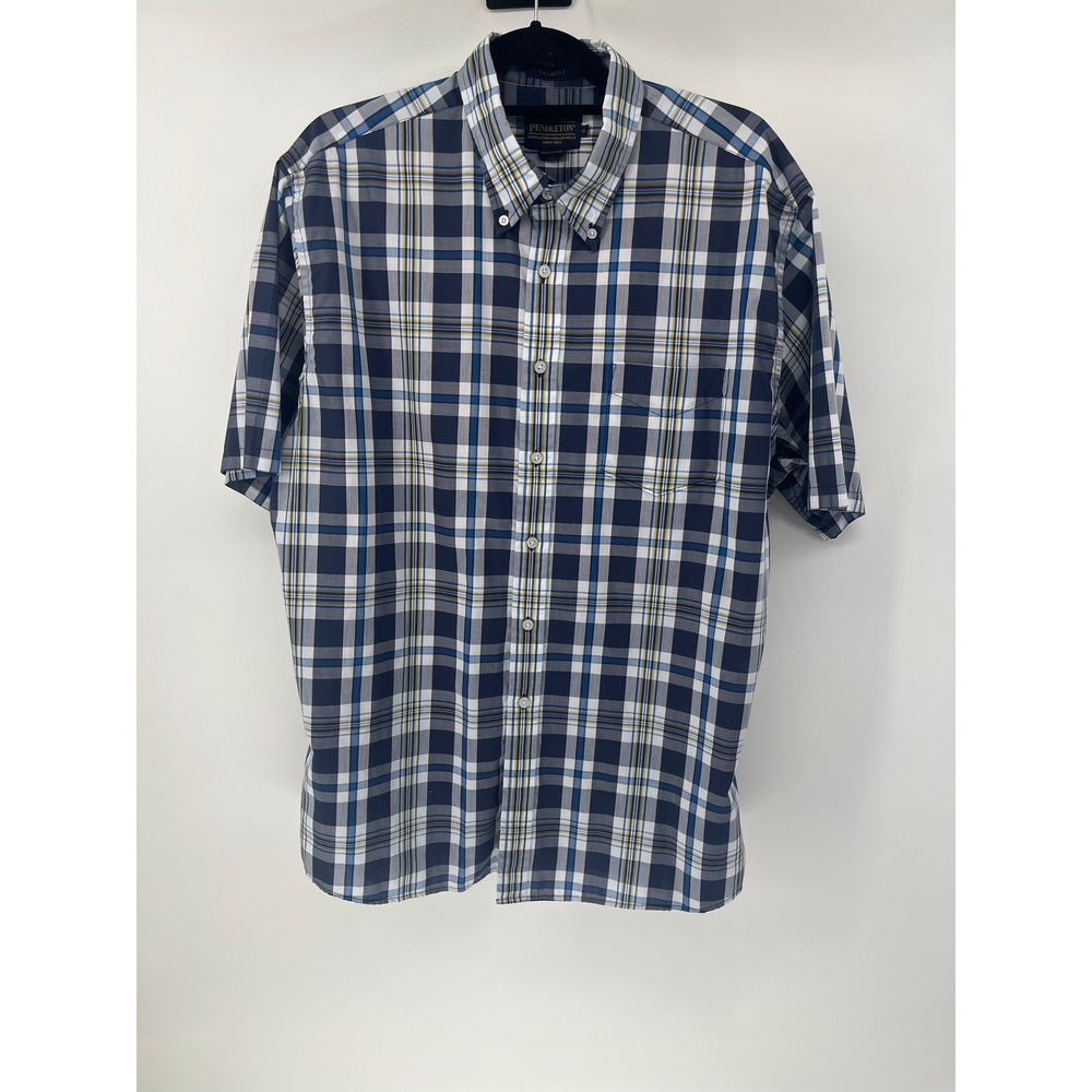 Pendleton Fremont Mens‎ XL Short Sleeve Button Down Shirt Navy Blue Plaid Pocket